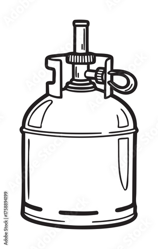 Black outline icon of a vintage metal gas lamp with a handle and nozzle, used for camping and outdoor activities.