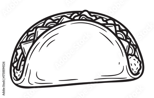 Black outline drawing of a soft taco with visible filling including lettuce and cheese in a simple cartoon style.