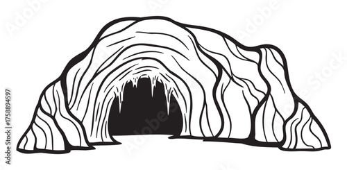 Black outline drawing of a cave with jagged stalactites at the entrance, representing exploration and natural formations.