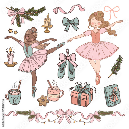 Charming Christmas doodle set with ballerinas, cups, cookies, candles, gifts, bows, and pine branches. Elegant hand-drawn illustrations with cozy holiday and ballet vibes.
