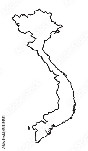 Black outline map of vietnam with a distinct s-shaped curve, depicting major geographical contours and borders.