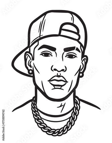 Black outline drawing of a young african male wearing a sideways cap, chain necklace, and earrings, showcasing a confident expression.