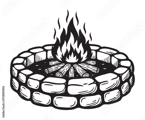 Black outline vector icon of a simple circular stone fire pit with a blazing wood fire in the center. ideal for camping, outdoor gatherings, and adventure themes.