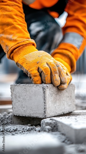Construction Worker Laying Concrete Block