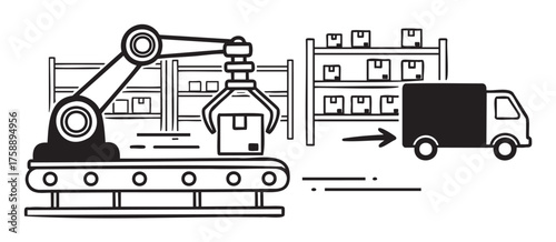 Black outline icon depicting an automated robotic arm on a conveyor belt, placing a box onto a delivery truck in a warehouse setting.