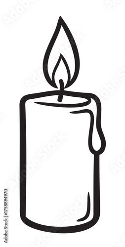 Black outline drawing of a cylindrical candle with a single flame and wax dripping down one side.