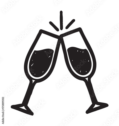 Hand-drawn black outline of two clinking wine glasses with splashing liquid, symbolizing celebration and festivity.