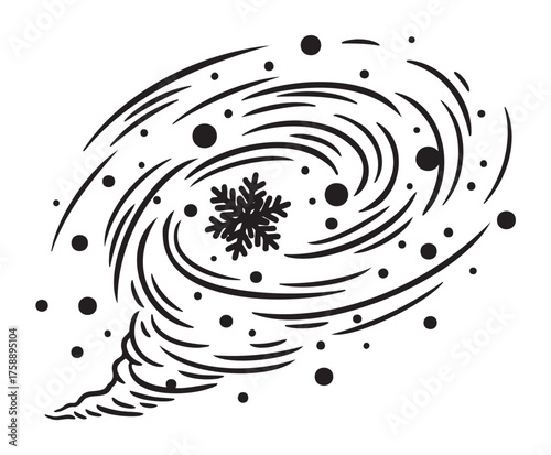 Black outline vector design of a swirling snowstorm with snowflakes and swirling wind, illustrating a winter weather concept.
