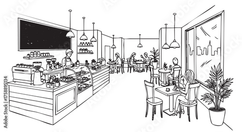 Black and white line drawing of a cozy coffee shop interior with customers seated at tables and a barista behind the counter.