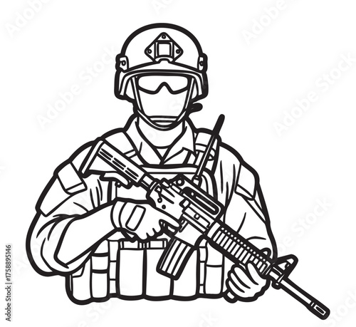 Outline of a soldier in full gear holding a rifle, featuring protective eyewear and a tactical helmet.