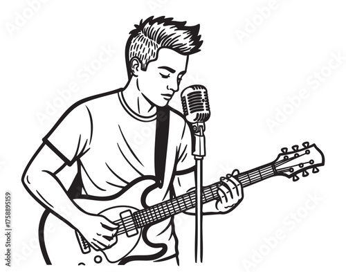 Young caucasian male playing an electric guitar and singing into a vintage microphone, showcasing a passion for music and performance.