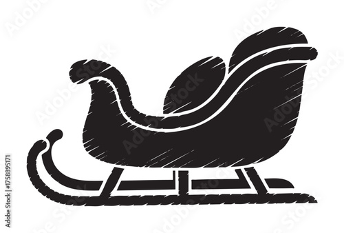 Black silhouette of an ornate sleigh with curved features and detailed outlines, positioned at an angle.