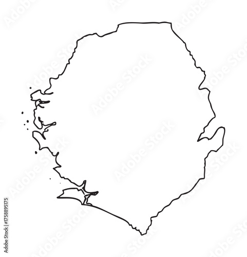 Black outline of the geographical map of sierra leone, showing the contours and coastal features in a minimal linear design.