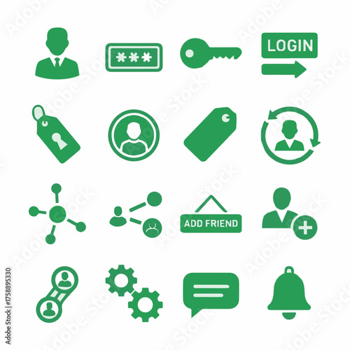 Isolated Need User account Green color icon set with name. Containing profile, password, login, username, avatar, connect, add friend and more. Solid vector icons collection on White Background