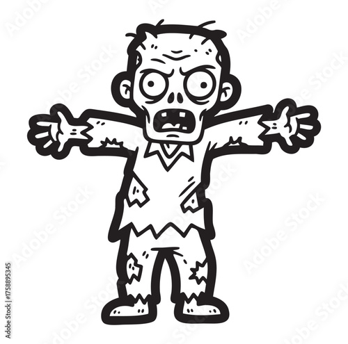 Cartoonish black and white illustration of a zombie with torn clothing, outstretched arms, and a surprised expression.