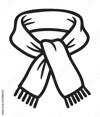 Black outline drawing of a winter scarf, tied in a knot with fringed ends, illustrating warmth and fashion for cold weather.