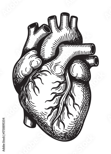 Black and white detailed anatomical illustration of a human heart with visible arteries and veins, emphasizing its intricately structured chambers and vessels.