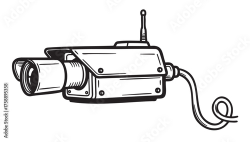 Black and white outline drawing of a vintage security camera with an attached antenna and coiled cable.