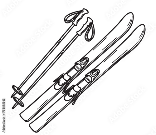 Black outline drawing of a pair of skis and ski poles, showcasing detailed bindings and handles for winter sports enthusiasts.