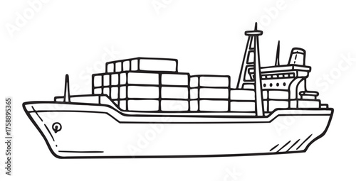 Black outline of a cargo ship loaded with shipping containers, featuring a visible bridge and prominent antennas.