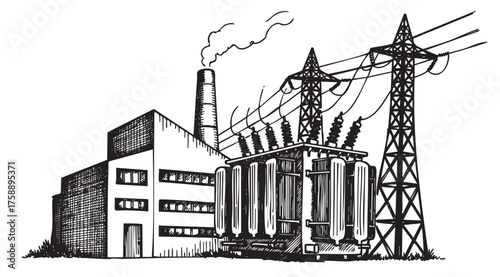 Black and white line art of a power plant with a tall chimney, electrical transformers, and transmission towers featuring high voltage lines.