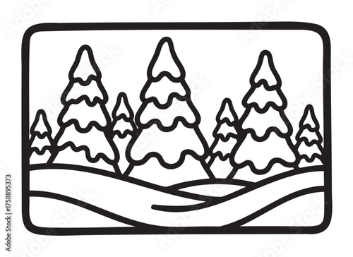 Black outline drawing of multiple snow-covered pine trees in a hilly landscape, providing a minimalist representation of a winter forest scene.