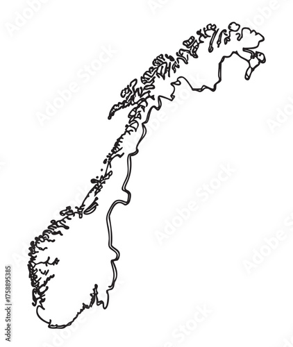 Black outline map of norway highlighting intricate geographic details and coastal contours.