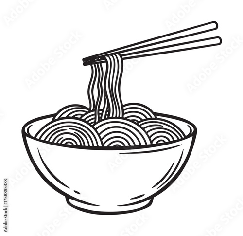 Black outline icon of a bowl of noodles with wooden chopsticks lifting noodles, illustrating asian cuisine and culinary culture.