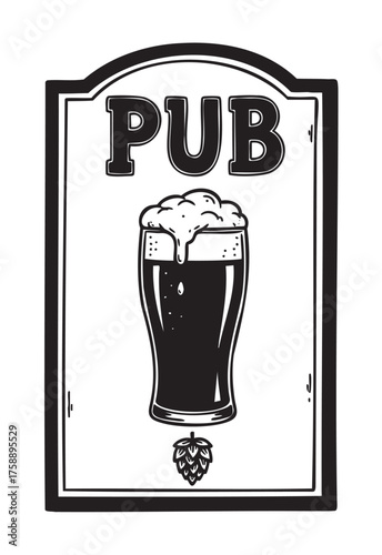 Black and white illustration of a pub sign featuring a frothy pint of beer and a single hop in a vintage style.