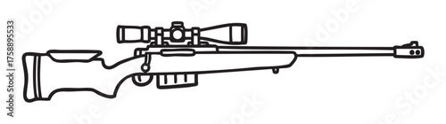 Black outline drawing of a sniper rifle with a mounted scope viewed from the side, showcasing its detailed components and structure.