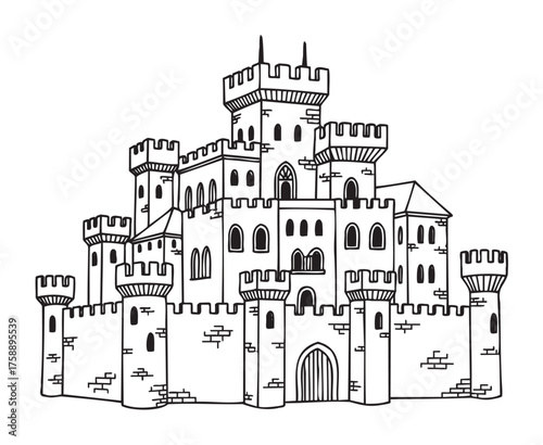 Black outline drawing of a medieval castle with multiple towers and battlements showcasing classic fortress architecture.