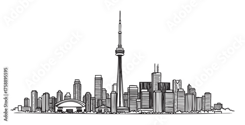 Black outline drawing of a city skyline featuring a prominent tower surrounded by diverse skyscrapers and architectural structures.