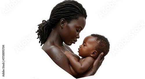 “Stylized vector art of African mother holding baby to her breast, simple lines, smooth gradients, pure white background, health and care concept.”