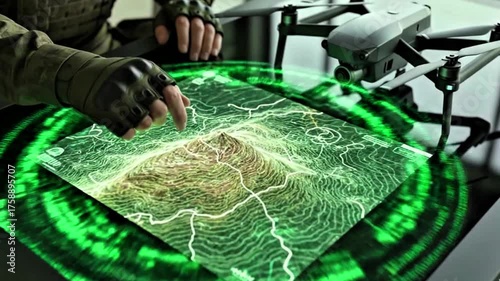 video, military technology, a hand holding a green virtual map, drone, background, cinematic, 