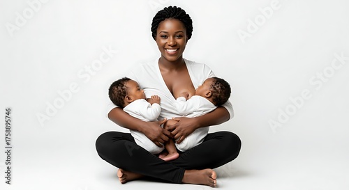 “Stylized 3D illustration of a Black mom breastfeeding twins, tender smiles, detailed hair, pastel light reflections, pure white backdrop.”