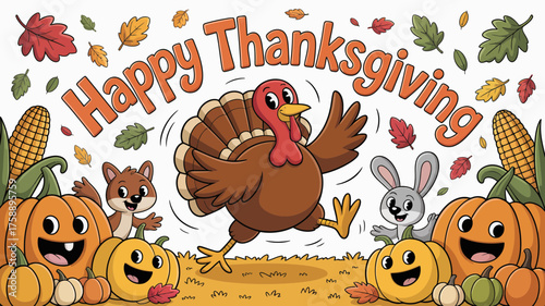 Happy thanksgiving cute cartoon turkey bunny squirrel pumpkins corn and leaves
