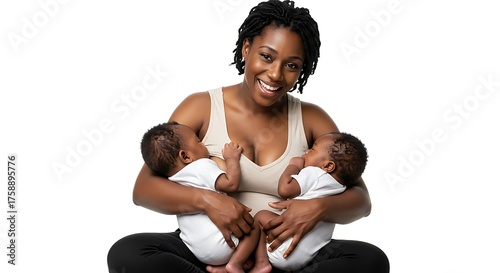 “Stylized 3D illustration of a Black mom breastfeeding twins, tender smiles, detailed hair, pastel light reflections, pure white backdrop.”