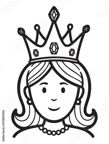 Black and white line drawing of a female child wearing a crown decorated with gemstones, showcasing a royal theme for children.