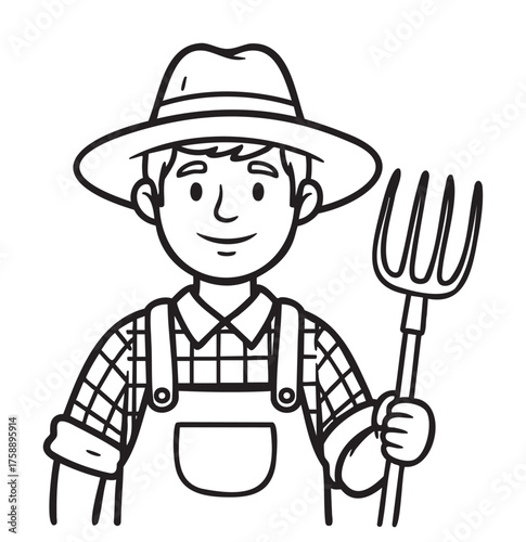 Black outline drawing of a caucasian male farmer with a wide-brimmed hat and pitchfork, wearing a plaid shirt and overalls, smiling.