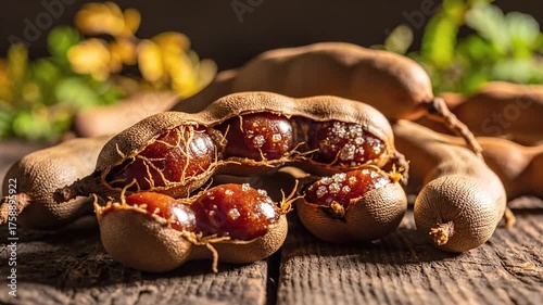 Close up of tamarind fruit pods on a rustic wooden surface