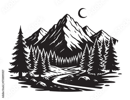 Black and white illustration of a mountainous landscape with tall pine trees, a winding path, and a crescent moon in the sky.