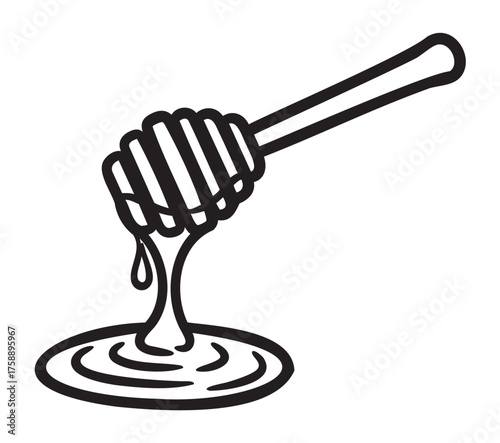 Black outline vector icon of a honey dipper dripping honey into a small puddle. simple linear design for food and cooking concepts.