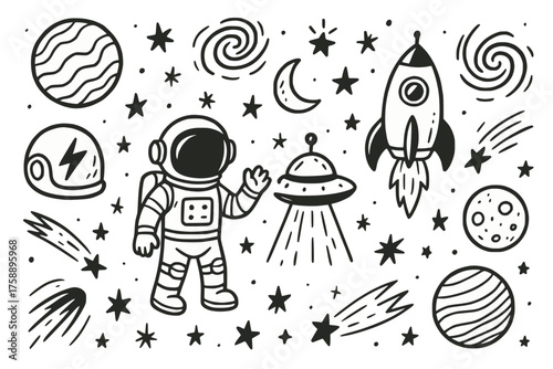 Space Doodle Illustration – Black and White Cartoon Astronaut and Celestial Elements