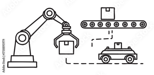 Black outline of an industrial robotic arm placing a box onto a conveyor belt, with a transport cart carrying a box beneath.