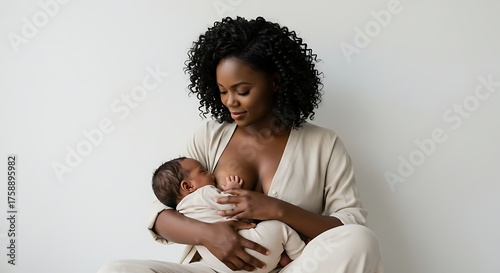 “Black mother breastfeeding her newborn baby in a soft white environment, natural daylight, warm skin tones, smooth shadows, pure white background, realistic photography, emotional connection, high-re