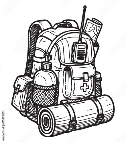 Black outline illustration of a camping backpack equipped with a water bottle, walkie-talkie, first aid kit, and a rolled sleeping bag attached below.