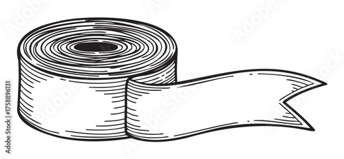Black outline drawing of a rolled toilet paper with an open sheet extending outward, showcasing detail and texture in the paper roll.
