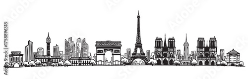 Black and white outline drawing of paris skyline featuring the eiffel tower, arc de triomphe, and notre-dame cathedral, surrounded by modern and historical buildings.