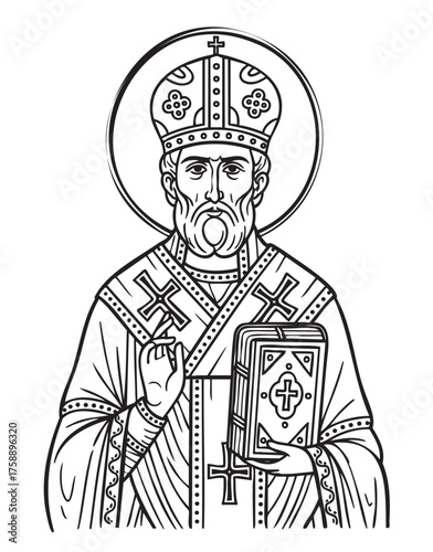 Detailed black outline drawing of a male religious figure wearing ornate ceremonial robes and a mitre, holding a book with a cross.