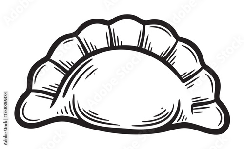 Black outline drawing of a traditional crescent-shaped dumpling with detailed pleats, showcasing a classic dim sum appearance.